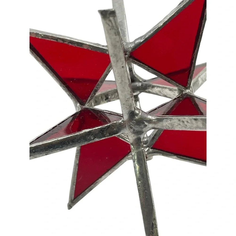 Vintage‎ Moravian 12 Point Star Red Leaded Stained Glass Sun Catcher Ornament